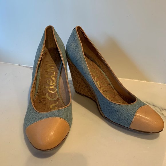 Denim raffia wedges with leather trim - Picture 8 of 9